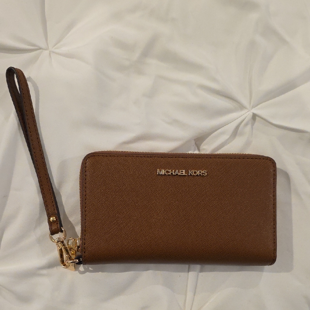 Michael Kors Tan Wristlet with Gold Accents